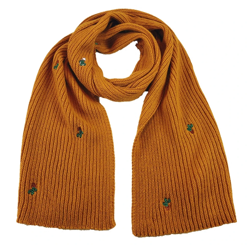 Женские зимние теплые трикотажные шарфы и палантины для девочек, милый кашемировый шарф с вышивкой кактуса, повседневный плотный длинный шарф