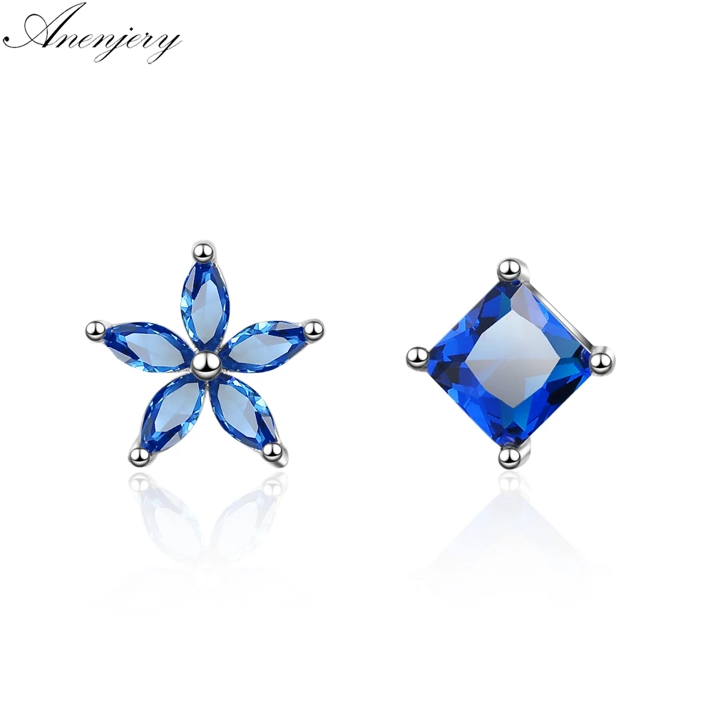

Anenjery Asymmetrical Simple Blue Flower Earrings 925 Sterling Silver Zircon Earrings For Women Girl boucle d'oreille S-E648