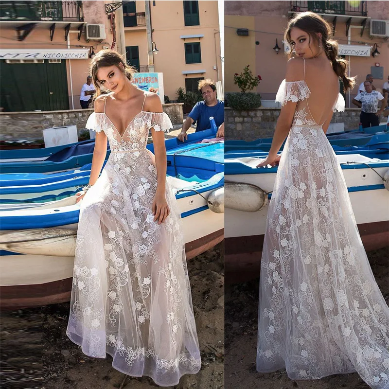 

White Evening Dresses Long Evening Gowns for Women Sexy Deep V-neck Robe De Soiree Backless Lace Appliques Evening Dress ES2598