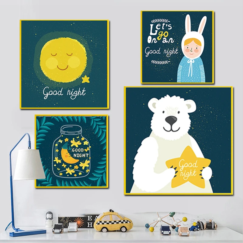 Cartoon-Animal-The-Happy-Couple-Rabbit-Canvas-Art-Painting-Poster-Wall-Pictures-For-Nursery-Room-Decoration