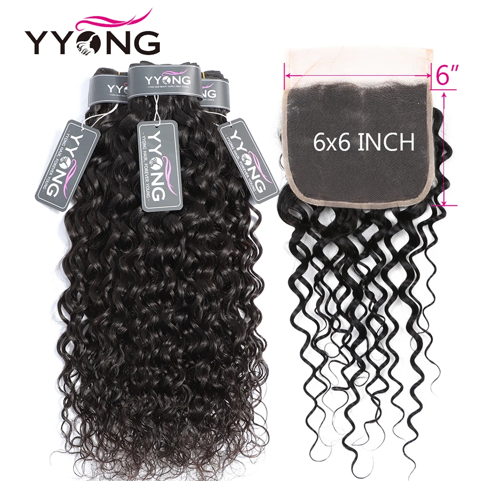 

Yyong Hair 28inch 30inch Peruvian Water Wave 6x6 Closure With Bundles Non Remy Human Hair Weaving 3/ 4 Bundles With Closure