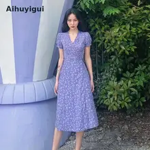 Aihuyigui летнее женское Новое Фиолетовое Лавандовое Цветочное платье повседневное с v-образным вырезом и короткими рукавами милое платье Mujer Vistidos Ru188