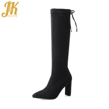 JK/женские эластичные сапоги из натуральной замши; модные сапоги до колена с острым носком; женская обувь на толстом высоком каблуке; женская обувь на шнуровке