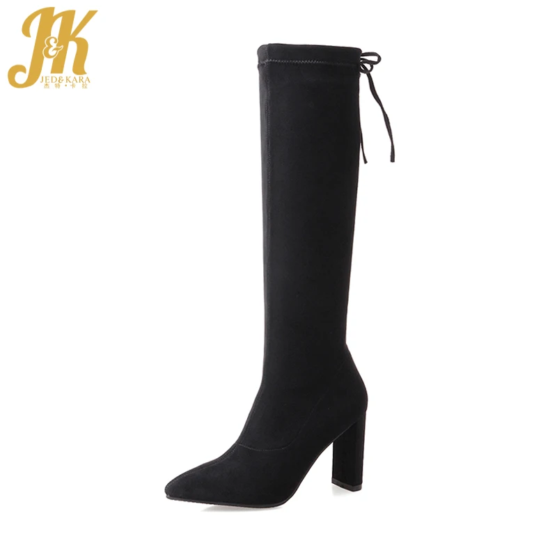 JK Genuine Suede Stretch Boots for Women Fashion Pointed toe Knee Boots Thick High Heels Ladies