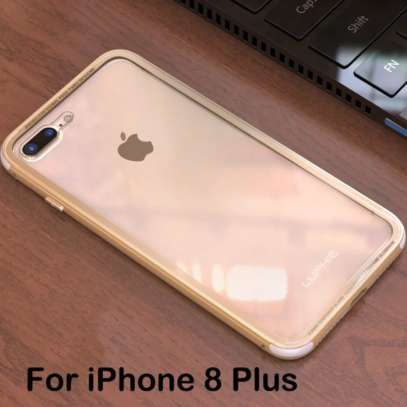 Luxury Metal Frame for iPhone 8 Plus Case Metal Bumper Case with Transparent Tempered Glass Back Cover Protective Shell Gold