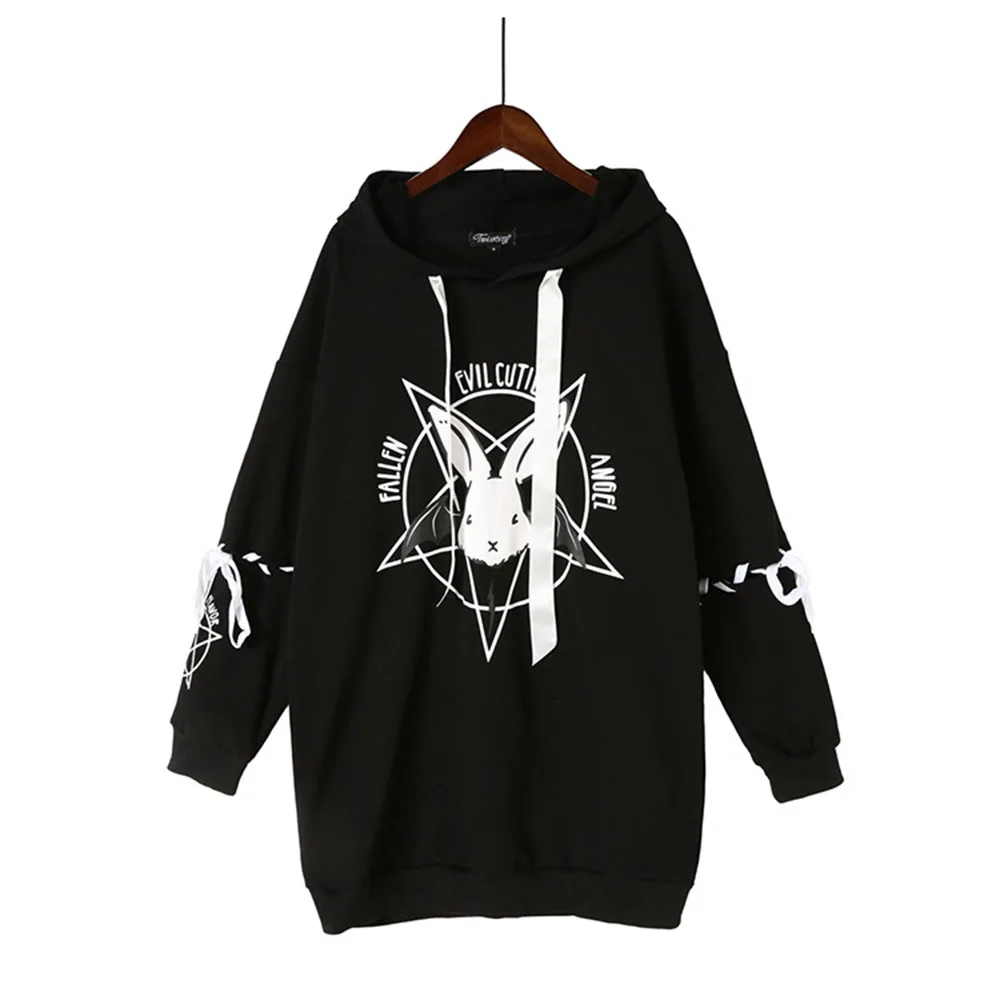 

Women Goth Hoodies Casual Hip Hop OL Punk Plus Size Korean Style Loose Hooded Cartoon Print Female Cool Fashion White Sweatshirt
