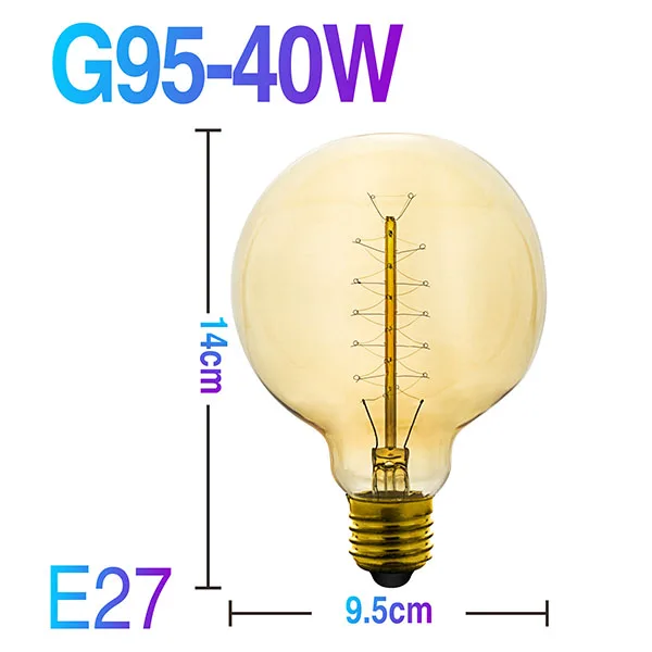 Ампулы Ретро Винтаж Эдисон лампы ST64 G95 ST48 T10 T185 T300 T45 E14 E27 220 В лампа накаливания лампы накаливания светильник теплый белый - Цвет: G95 40W E27