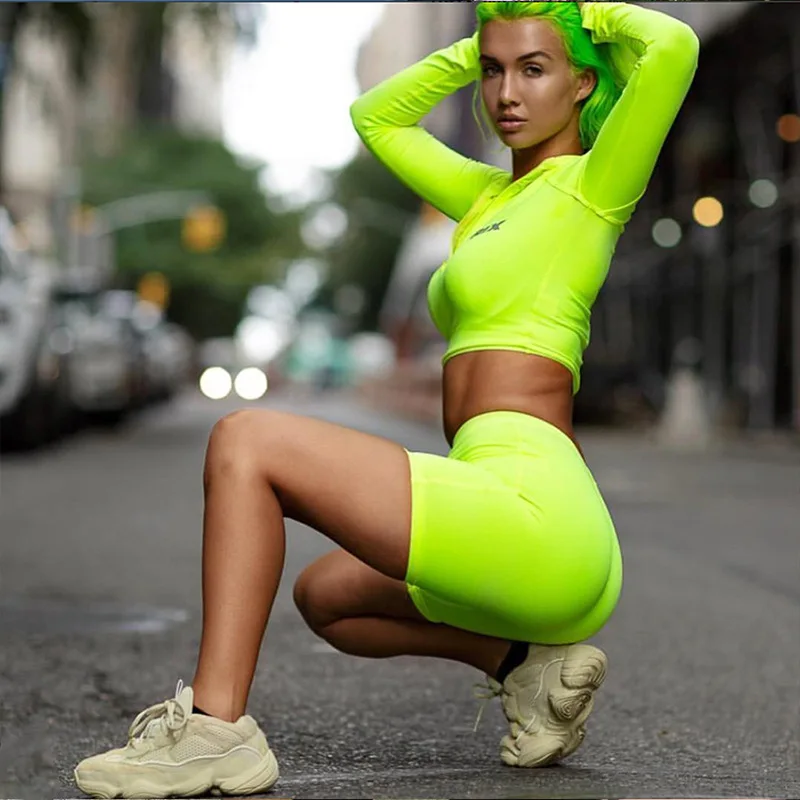 NCLAGEN сексуальные женские яркие флуоресцентные цветные обтягивающие шорты Yogaing спортивная одежда тренажерные залы Sudadera Mujer шорты - Цвет: Зеленый
