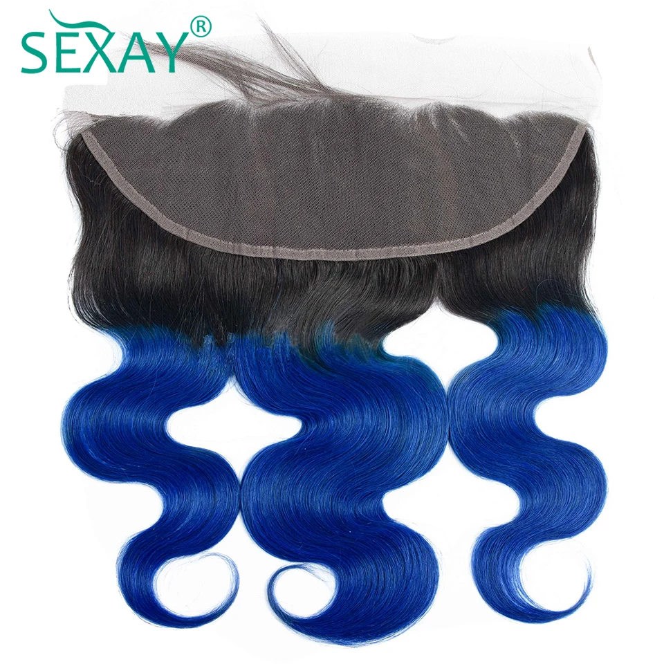 SEXAY 1B/синие цветные человеческие волосы пучки с фронтальными закрытиями предварительно сорванные Омбре бразильские волосы для наращивания волнистых волос не Реми