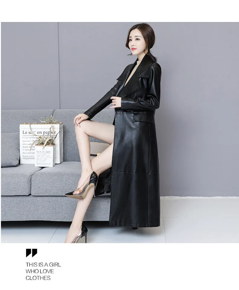 Модная X-Long кожаная куртка женская черная плюс размер 5XL большой отложной воротник тонкий мягкий из искусственной кожи Тренч пальто женское пальто