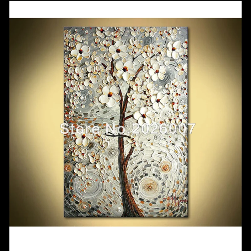 

Hand Paited Oil Painting Tree Blooming On Canvas For Grey and White Abstract Art Thick Palette Knife Painting Living Room Wall