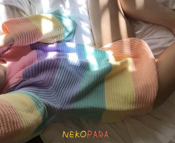 

Rainbow Color Women's Oversize Knitted Sweater Hooded Winter Long Sleeve Ice-cream Sweet Color
