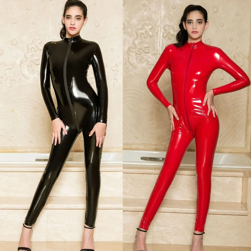 

Plus Size Wetlook Zipper Open Crotch Bodysuit PVC Catsuit Glitter Rompers Womens Jumpsuit Set Sexy Black Bodysuits Clubwear Red