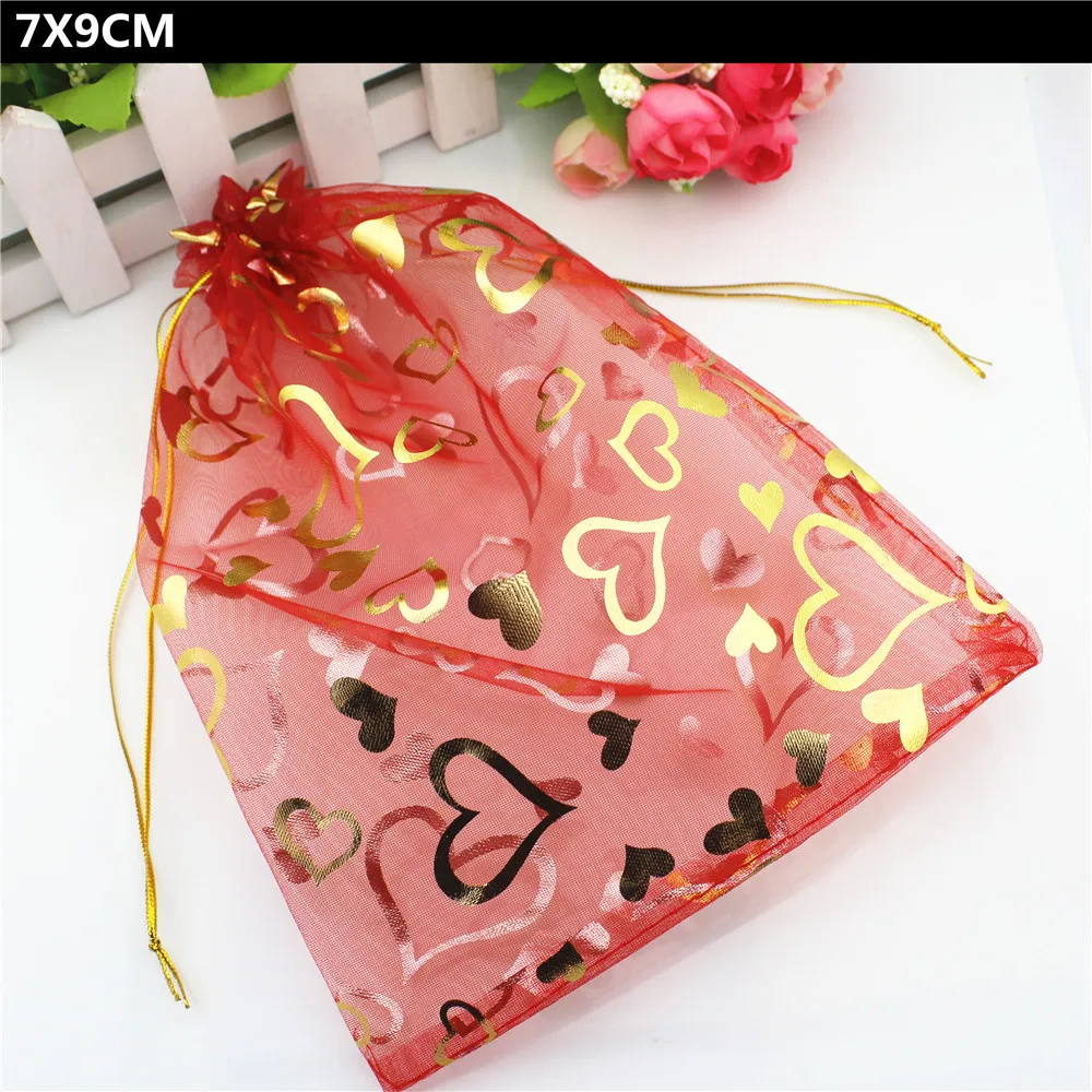 100 PCS 7X9CM Red Color Organza With Heart Printed Jewelry Bags Small Gift Packaging Pouches Drawstring Candy | Украшения и