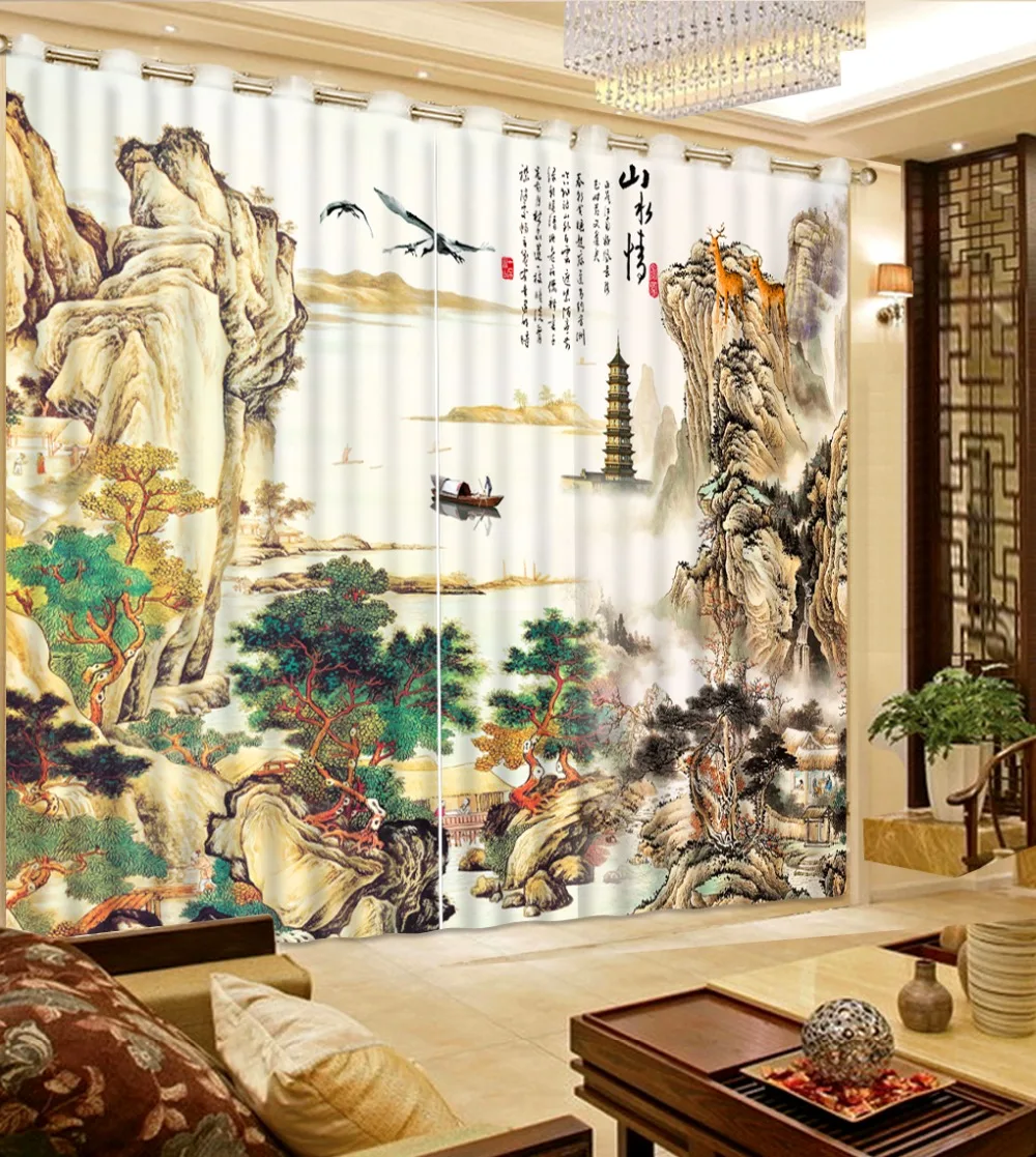 

3D Curtain Blackout Shade Window Curtains Chinese Color Ink Landscape Painting Home Bedroom Decoration Fashion Customized