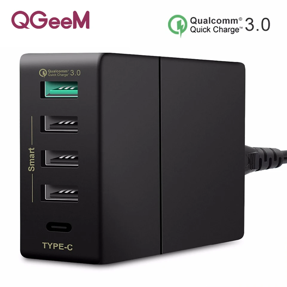 

QGeeM USB Charger 5 Ports QC3.0 Type-C Quick Charger 5V2.4A 9V2A 12V1.5A US Plug Desktop USB Charger for Laptop Mobile Phone