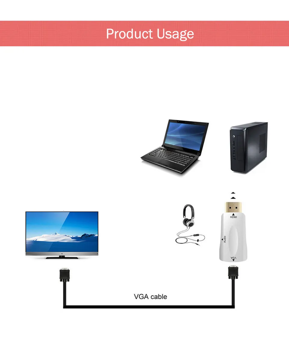 HDMI to VGA Adapter Converter with Audio Cable Male To Female 1080P For PCHDTVDVDXbox PS3 Projector Black and White 2018 New (10)