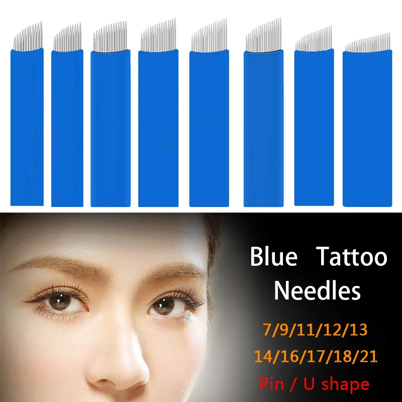 

500 Pcs 0.20mm Blue Flex 12/14/15/16/18/21U Needle Eyebrow Embroidery Tattoo Microblading Blades For Permanent Makeup hand tool