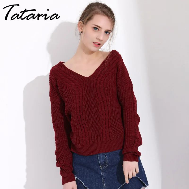 

Tataria Ladies Jumpers Pink Winter Sweater Women Long Sleeve V Neck Knitted Pullover Slim Outwear Women Sweater Knit Jumper