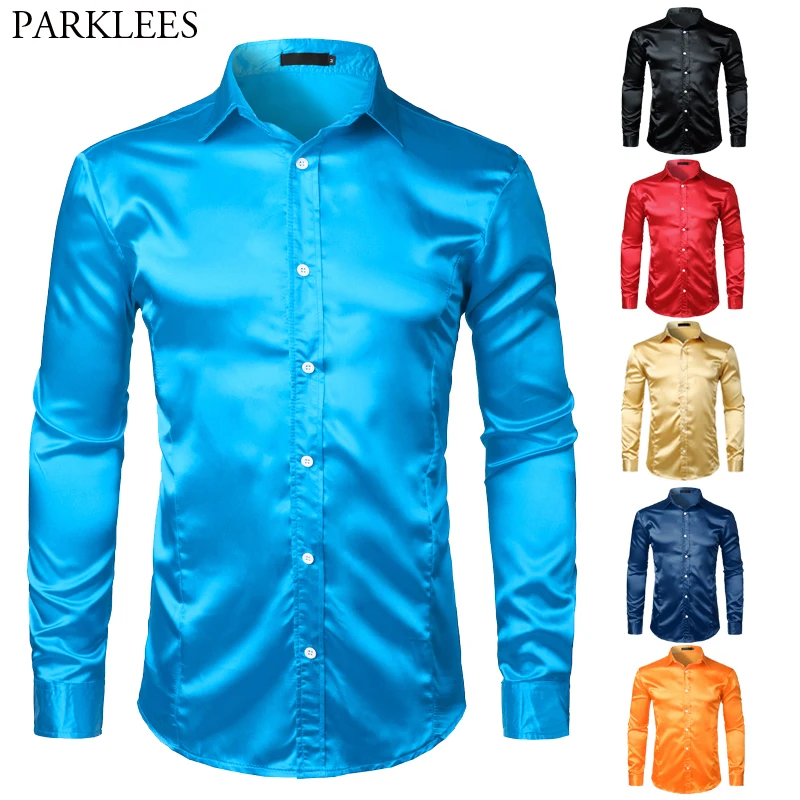 

Smooth Silk Satin Slim Fit Dress Shirts Men Long Sleeve Shinny Button Down Chemise Homme Wedding Party Prom Tuxedo Shirt Male