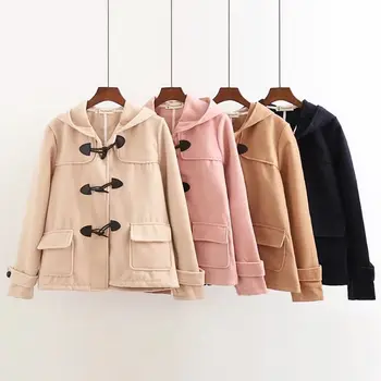 

Coat Long Turn Down Horn Button Hooded Collar Long Woolen Women's Jacket College Wind Winter Windproof Warm Long Woolen Outwear