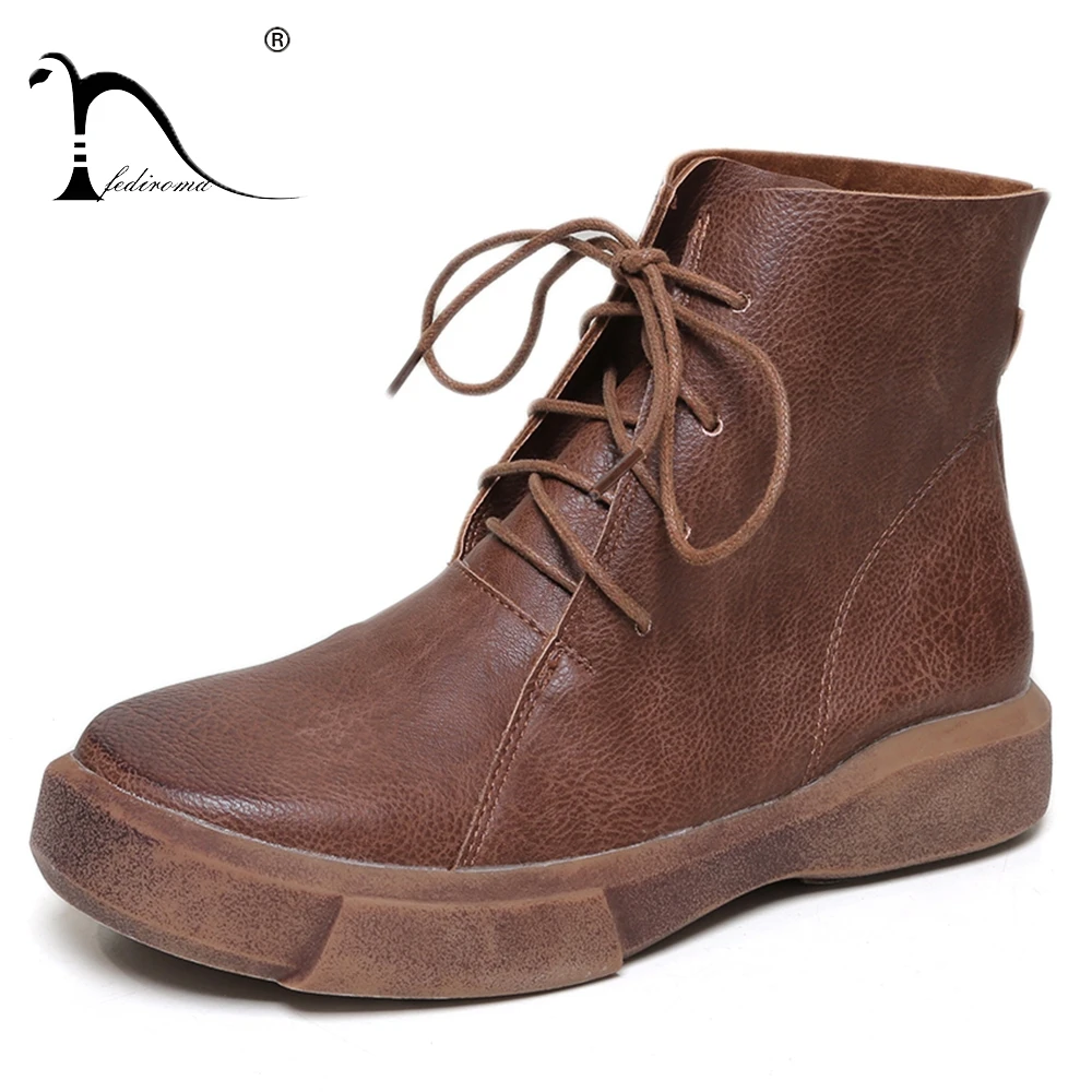 

FEDIROMA Women Ankle Boots Autumn Flat Boots for Woman Round Toe Lace-Up Boots Winter Warm Shoes Plus fur Retro Waterproof Boots