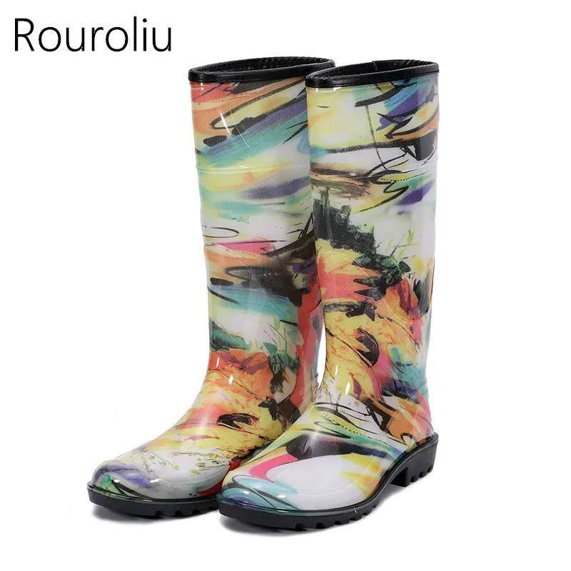 

Rouroliu 18 Styles Painting Print Rain Boots Women Anti-slip Spring Autumn Floral Rainboots Water Shoes Woman Wellies TR6