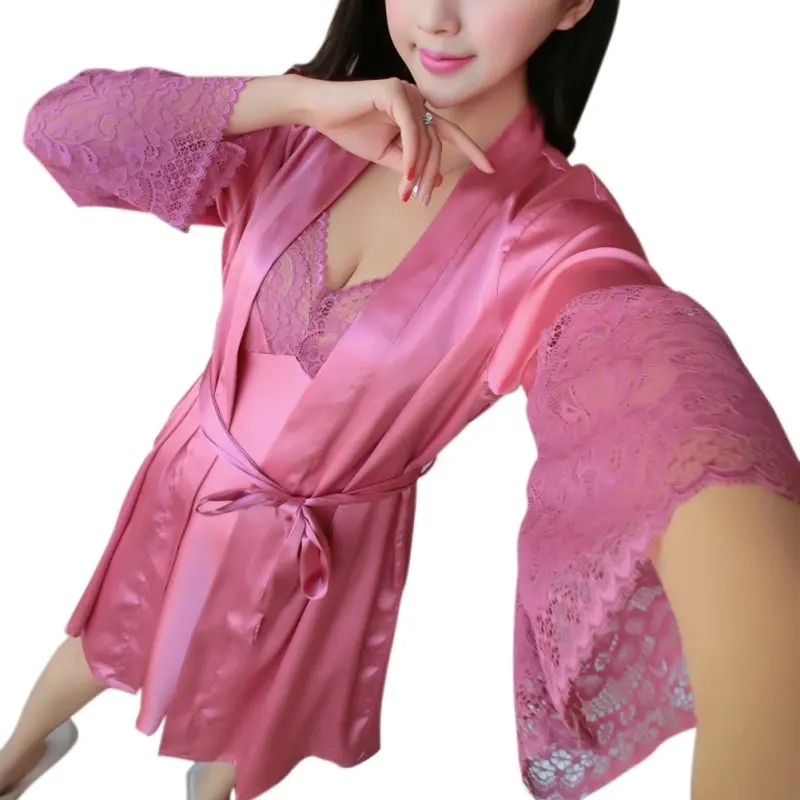 Черный Нуар Кружева пижамы Новые Сексуальные женские шелковые атласные женские пижамы и халаты Ночная рубашка Великобритания 2 шт - Цвет: Rose Red