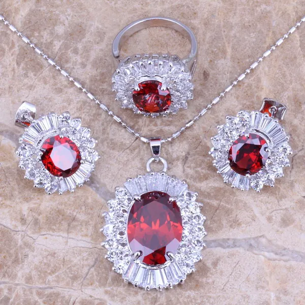

Red Garnet White CZ Silver Jewelry Sets Earrings Pendant Ring For Women Size 6 / 7 / 8 / 9 / 10 S0035