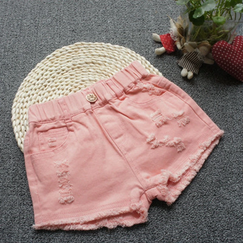 Модные шорты для девочек летние элегантные джинсовые рваные шорты Детские Популярные Шорты Яркие шорты детские пляжные шорты в повседневном стиле