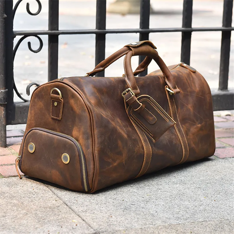 PNDME Ретро сумка для путешествий из воловьей кожи простая однотонная мягкая натуральная кожа Большая вместительная спортивная сумка мужская сумка для хранения