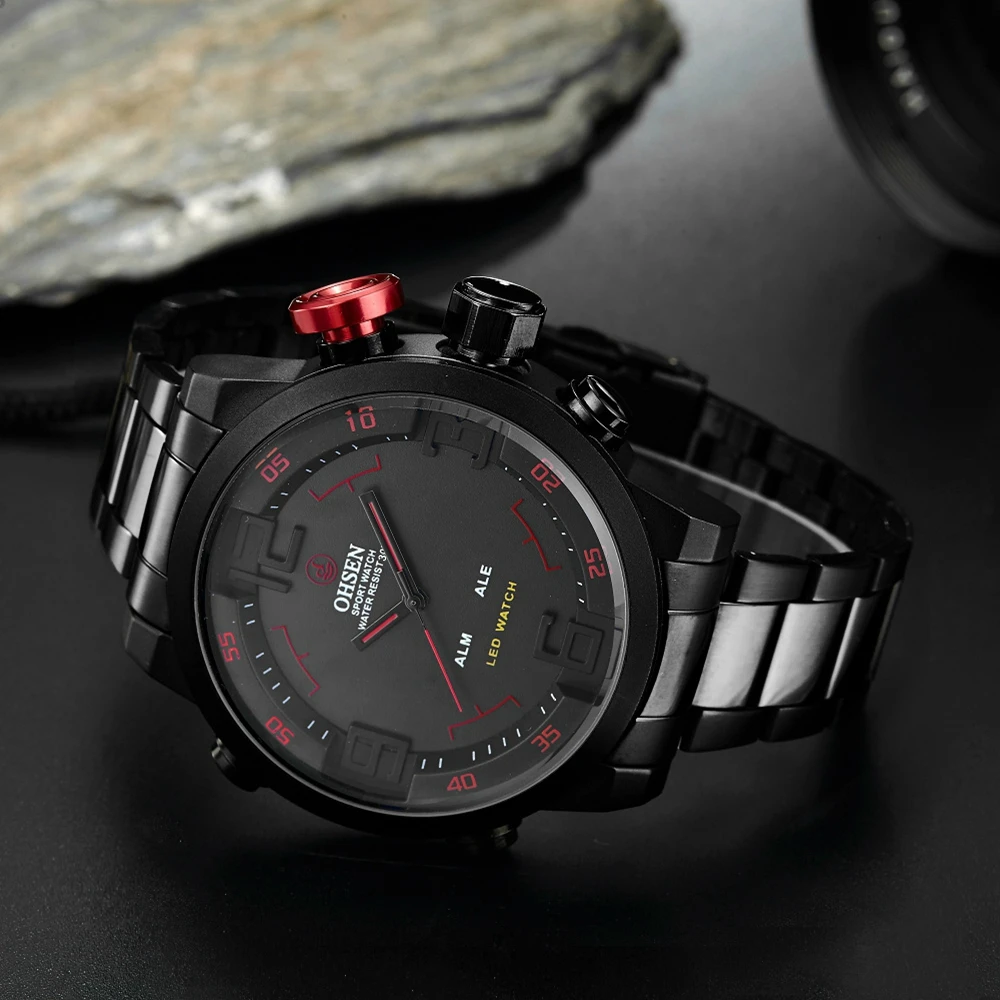 Новые цифровые кварцевые мужские повседневные часы Ohsen со стальным ремешком, черные модные военные водонепроницаемые мужские наручные часы relogio masculino