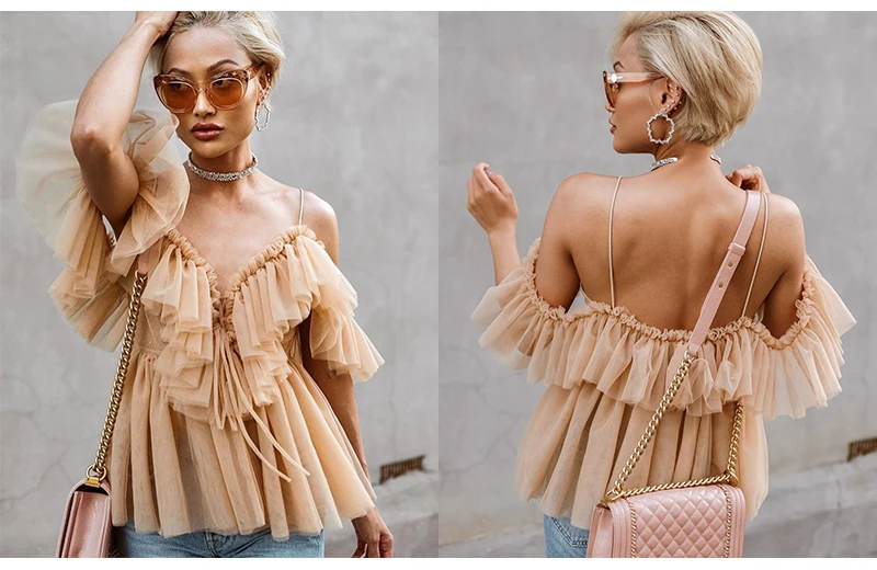 Sexy deep v neck backless vintage women summer blouse Elegant ruffle off shoulder shirt tops female Mesh blouse blusas