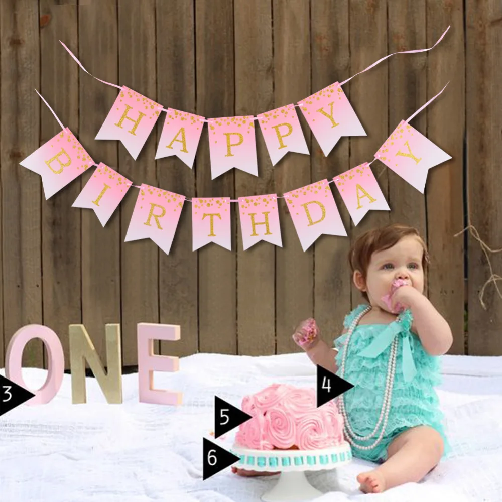 

Gold Glitter Polka Dots Blush Pink Happy Birthday Banner Garland Bunting Baby Girl First Birthday Party Princess Decor