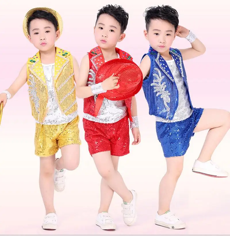 Free shipping,children girl boy sequin Hip hop Jazz modern dance suit costume clothes sequined costumes 3pcs set vest coat pants