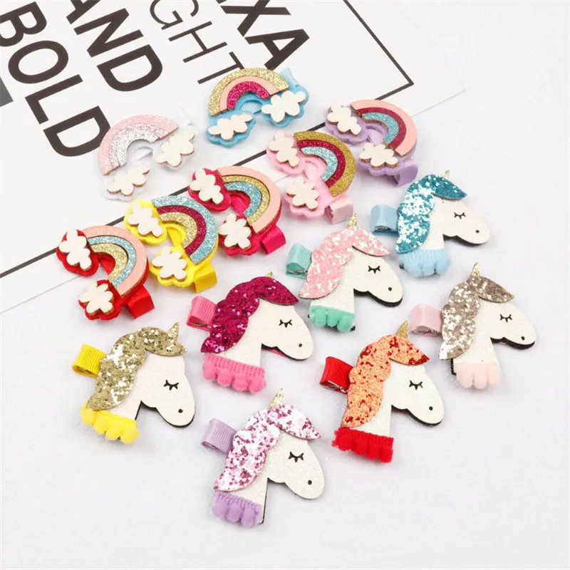 

20pcs/lot Fashion Glitter Girls Headwear Cartoon Animal Hairpins Unicorn Rainbow Hair Clips Children Shiny Hairpins Accessories