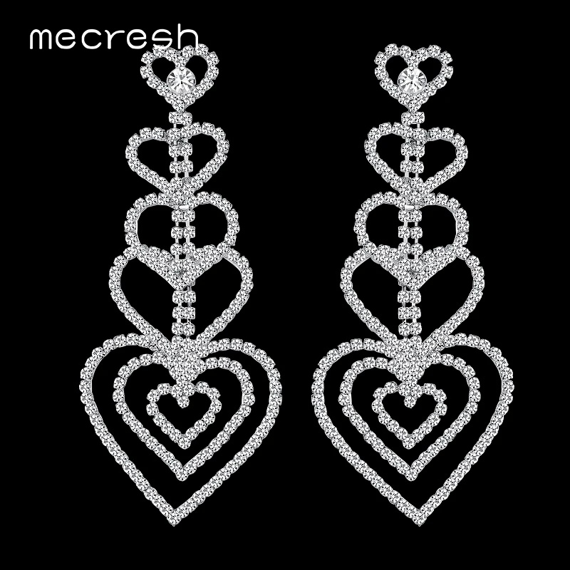 

Mecresh Classic Silver Color Rhinestone Long Earrings for Women 2018 Heart Crystal Bridal Wedding Big Dangle Earrings MEH1006
