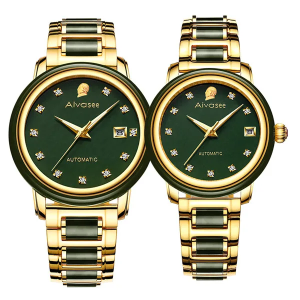 Couple Style 2 Piece Новые роскошные классические креативные нефритовые мужские часы горячий стиль Модные женские нефритовые часы кожа Нержавеющая сталь Топ Женщины Водонепроницаемый - Цвет: Couple Style 2 Piece