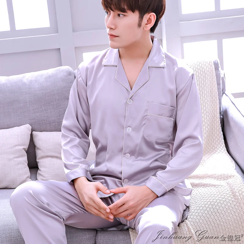 Pajamas men's long-sleeved silk spring and autumn ice silk pajamas men's summer thin section casual home service large size suit