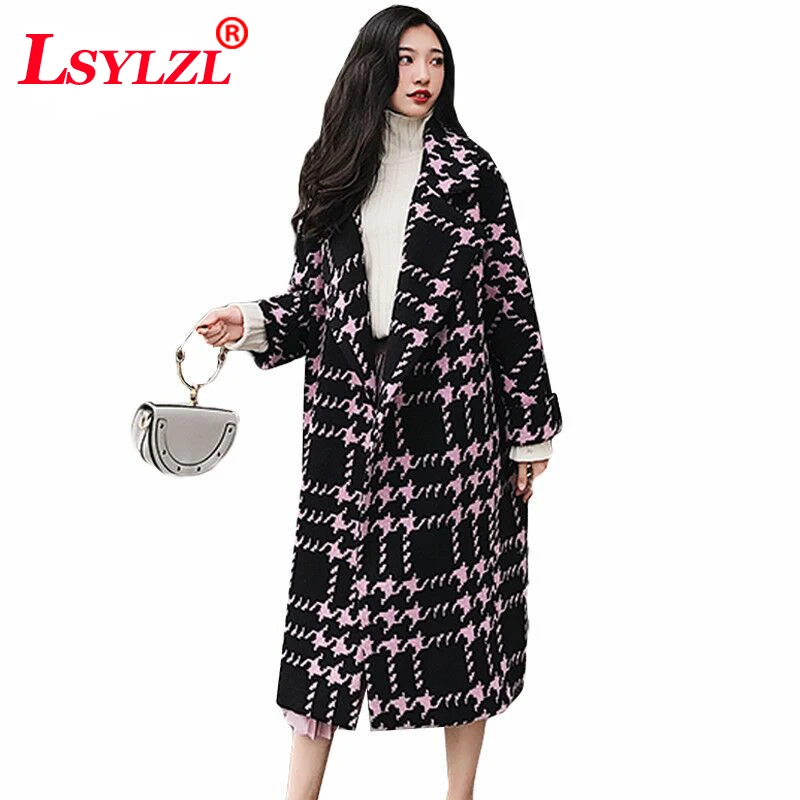 

2018 Autumn Winter Women Wool Coat Turn-down Collar Long Woolen Overcoat Single Breasted Plaid Cashmere Jacket Casaco B1000