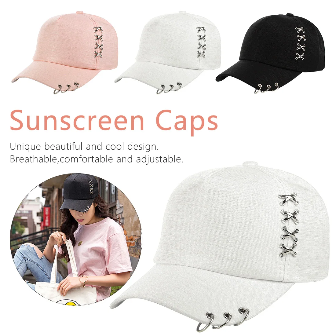 

Baseball Cap with Rings Adjustable Casual Sport Hip-Hop Ball Hat Baseball Caps Unisex Hats Black Pink White Accessories