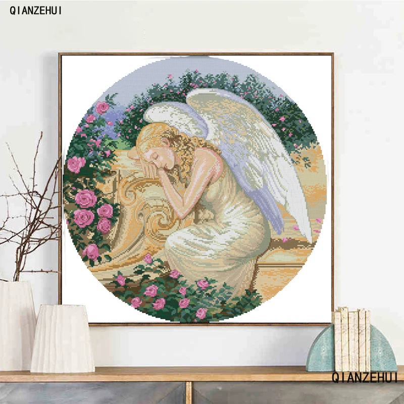 

QIANZEHUI,Needlework,DIY Sleeping angel Cross stitch,Sets For Embroidery kits,Character Counted Cross-Stitching,Wall decorate