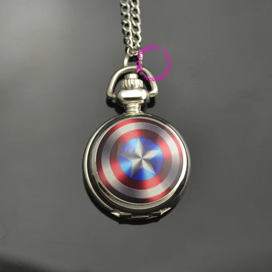 Мода щит логотип Капитан Америка карманные часы ожерелье Кварцевые оптовая низкая цена хорошее женщина девушка леди ребенок antibrittle
