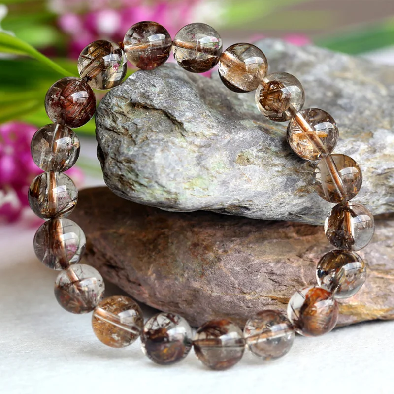 Clear Natural Coffee Mica Titanium Hair Needle Rutile Quartz Rutilated Finished Stretch Bracelet Round Jewelry beads 10mm 04100