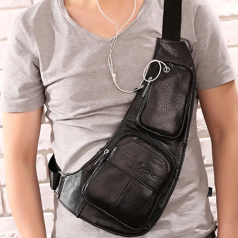 Натуральная кожа Мужская нагрудная сумка для мужчин сумка через плечо дорожная Мужская Слинг-рюкзак на спине - Цвет: Black