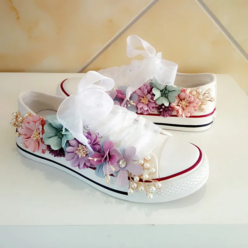 Корейская фантазия семь цветов цветы жемчуг австрийский горный хрусталь ленты с толстой подошвой тонкие туфли парусиновая обувь