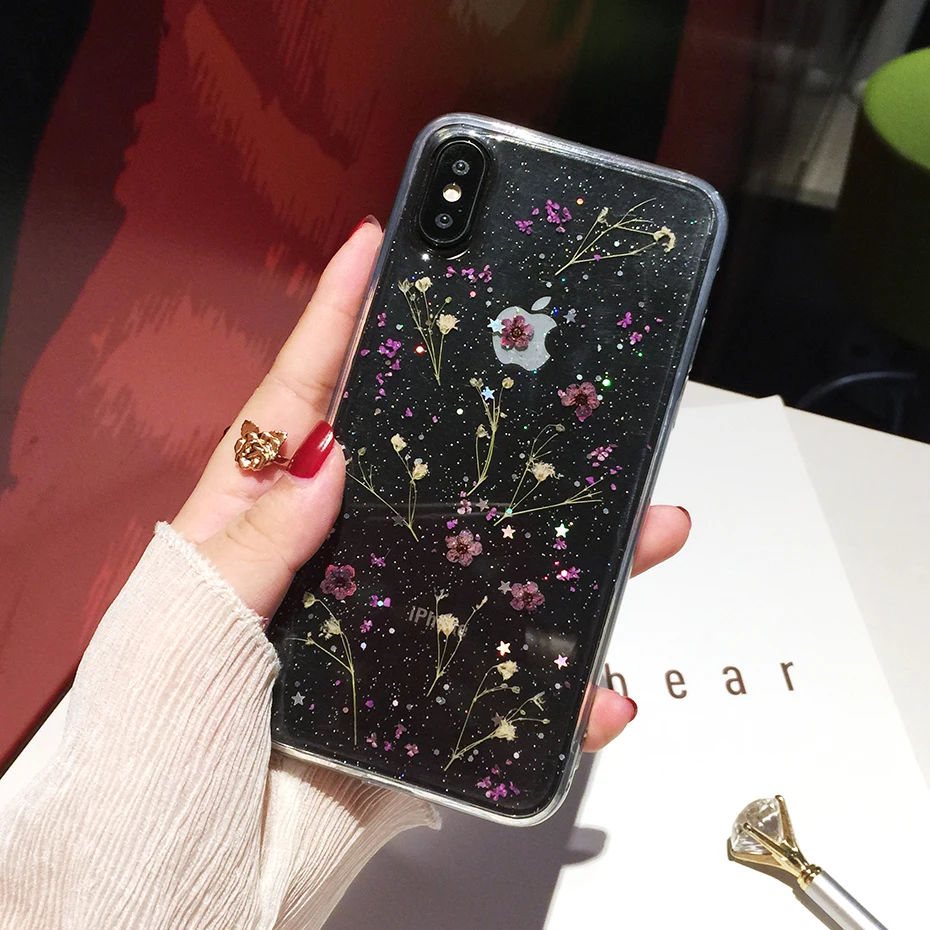 Qianliyao Real Flowers Dried Flowers Transparent Soft TPU Cover For iPhone X 6 6S 7 8 plus Phone Case For iphone XR XS Max Cover