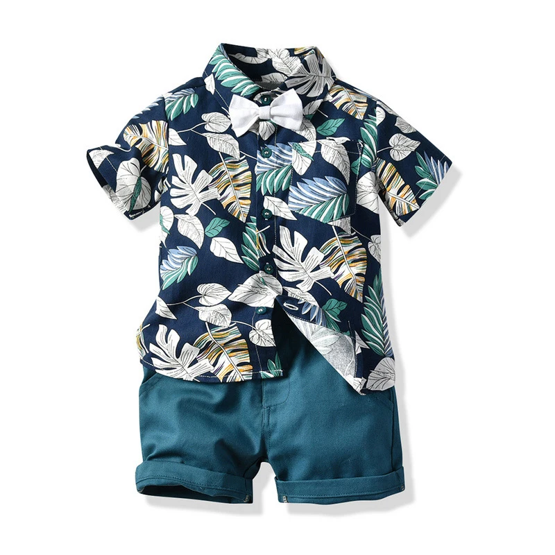 Комплекты детской одежды для мальчиков; коллекция года; Модная одежда для маленьких мальчиков; рубашка с принтом листьев; зеленые шорты; комплект из 2 предметов; комплекты детской одежды