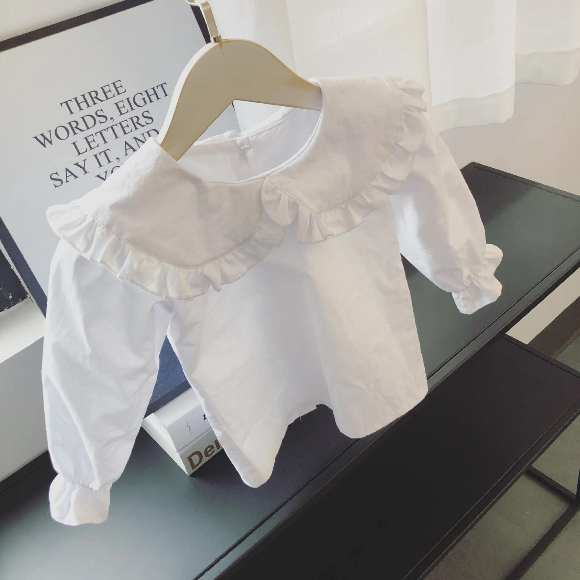Kids White Shirts For Baby Girl Long Sleeve Ruffle Doll Collar Girls