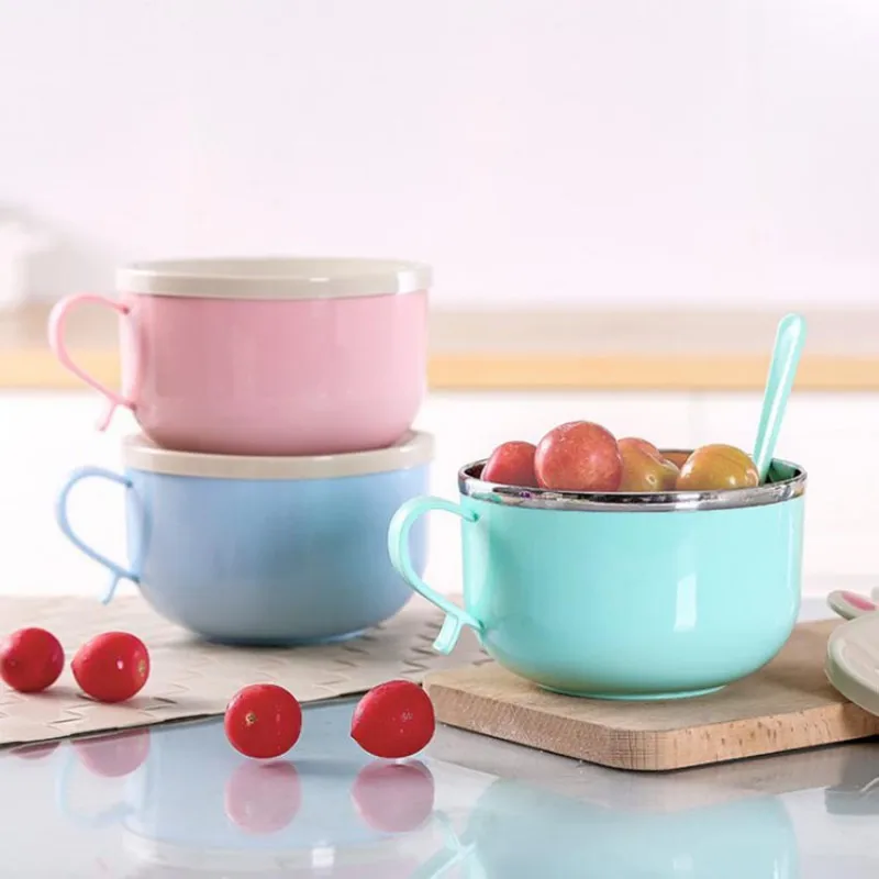 

Stainless Steel Baby Dishes Bowl Portable Children's Tableware Insulation Anti-hot Rice Soup Singl Handle Bow Cartoon Cute